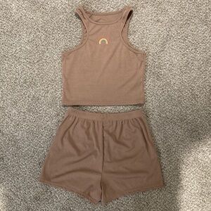 Ribbed Tank & Shorts Set with Rainbow Patch - Brown